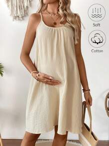 SHEIN Maternity Solid Color Spaghetti Strap Casual Mini Dress - Khaki - View 3