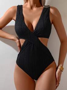 SHEIN Swim Women Solid Color Sleeveless Hollow Out Minimalist Fitted One Piece Swimsuit For Summer Beach Vacation - Black - View 1