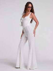 SHEIN BAE Women's White Lace Flare Pants/Trousers, Sexy Sheer Boho Style For Beach Vacation, Party, Music Festival, Summer - White - View 3