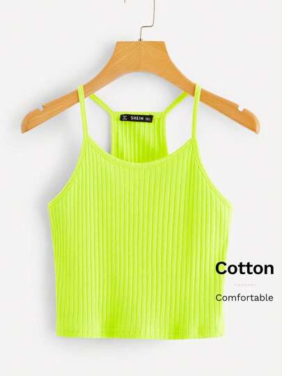 SHEIN EZwear Neon Yellow Ribbed Cropped Cami Top