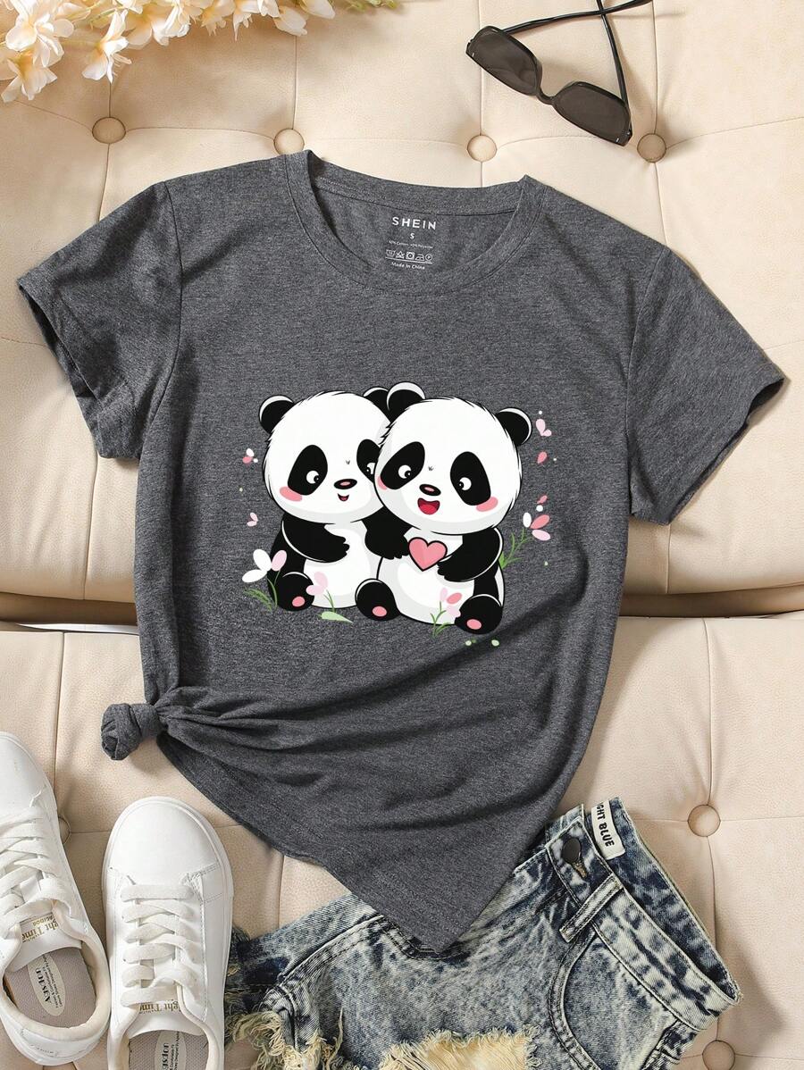 INAWLY Summer Casual Cute Panda Print Round Neck Short Sleeve T-Shirt - Dark Grey - View 1