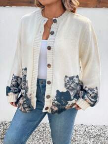 EMERY ROSE 大码女式猫咪图案长袖单排扣休闲宽松开衫，秋冬 - 彩色 - 查看 5