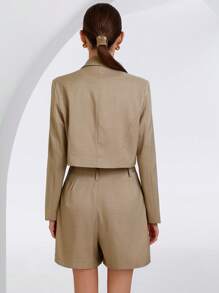 Aveloria Modichic 2 Pieces Set: College Style Long Sleeve Utility Jacket With Button Lapel Collar And Shorts For Women Fall Cloth For Women - Khaki - View 2