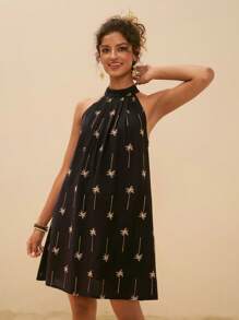 Travachic Robe mini décontractée de vacances pour femmes avec imprimé arbre de noix de coco sur la bretelle