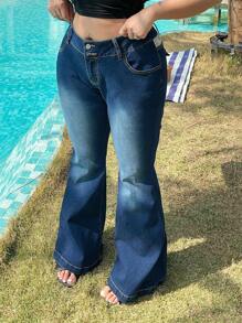 SHEIN MOD Plus Size Women Lace Splice Blue Denim Skinny Flare Legs Jeans