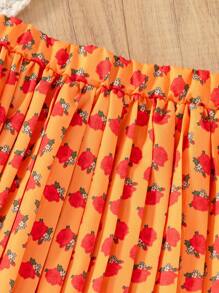 Set de 2 piezas de falda plisada con estampado floral de rosa carmesí de una marca local linda para niñas preadolescentes