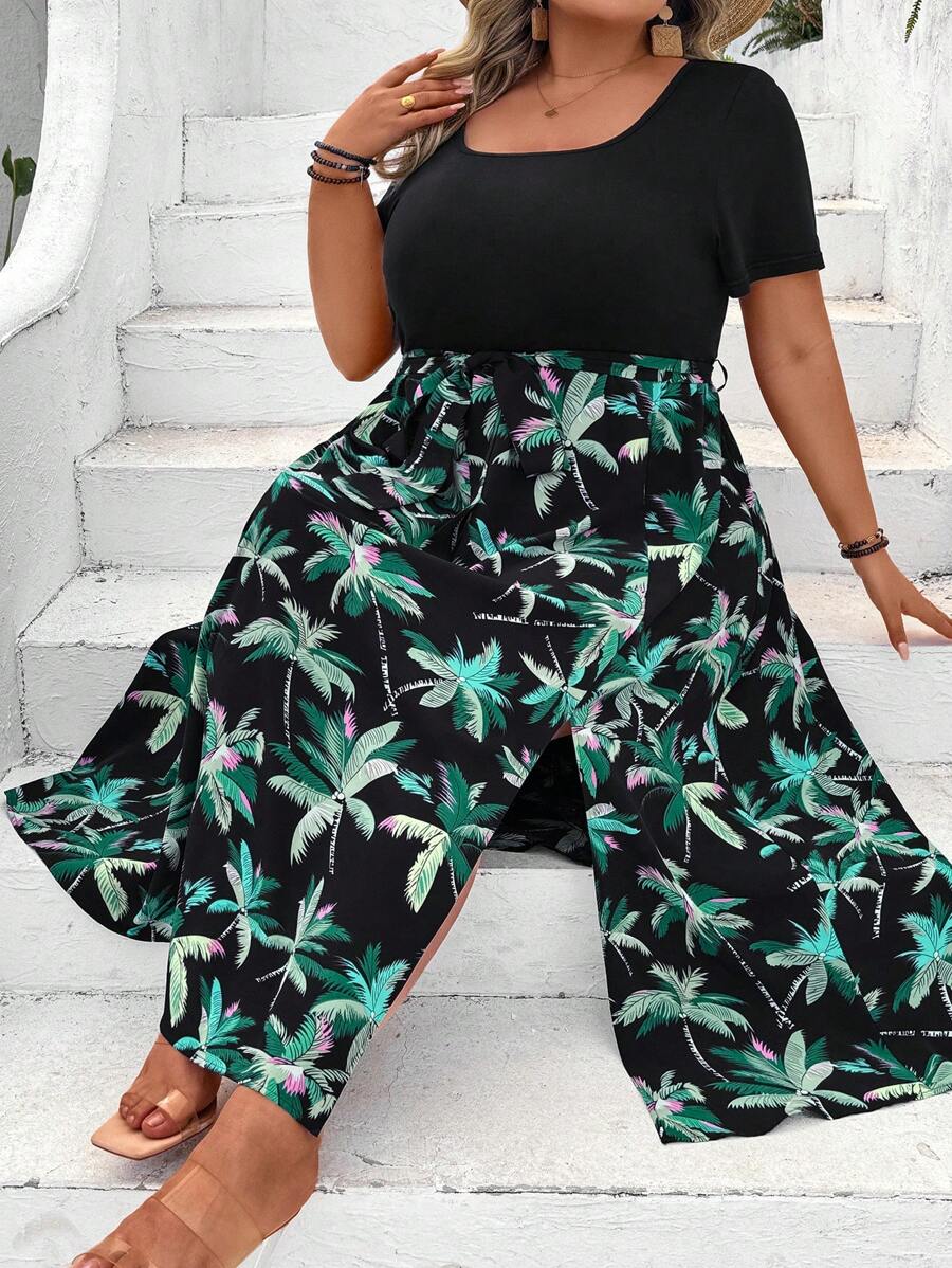 SHEIN CURVE+ Robe d'?�t?� de style vacances ?� la plage avec imprim?� floral tropical et blocs de 