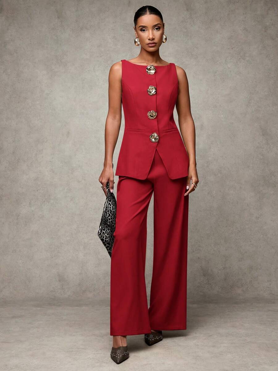 SHEIN BAE Elegant Commuter Solid Color Vest & Pants Suit In Fall/Winter - Red - View 1