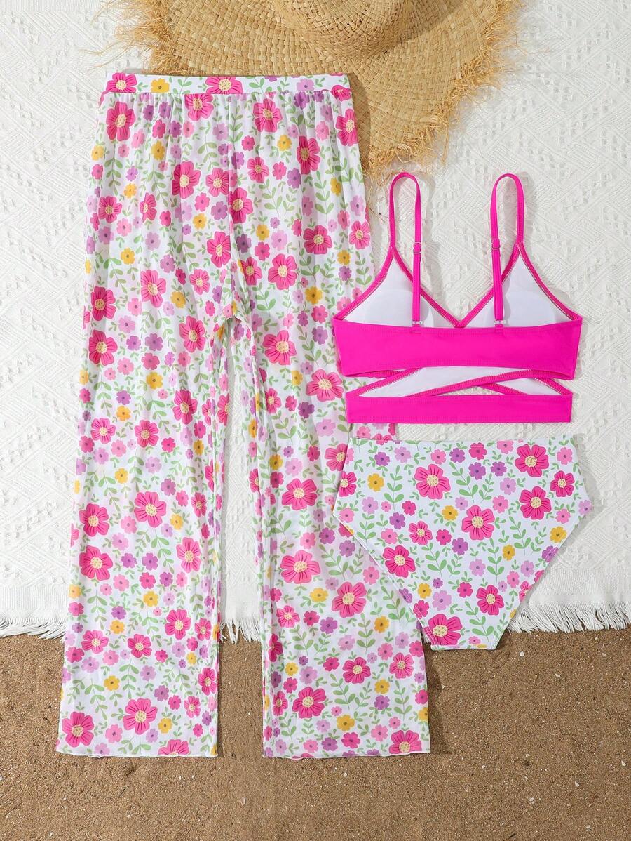 Conjunto de traje de baño minimalista y casual de uso diario para niñas preadolescentes - Rosa - Ver 1