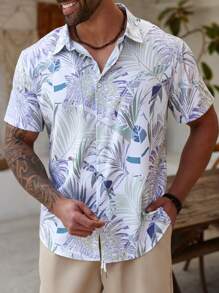 ResortEase Plus Size Men's Casual Tropical Print Short Sleeve Shirt, Vacation Style