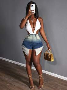 Slaydiva Women's Fashionable High Waisted Gradient Wash Denim Shorts