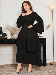 Modelyn Plus Size Women Flounced Ruffled Flare Sleeve Elegant Dress, Spring/Summer - Black - View 5
