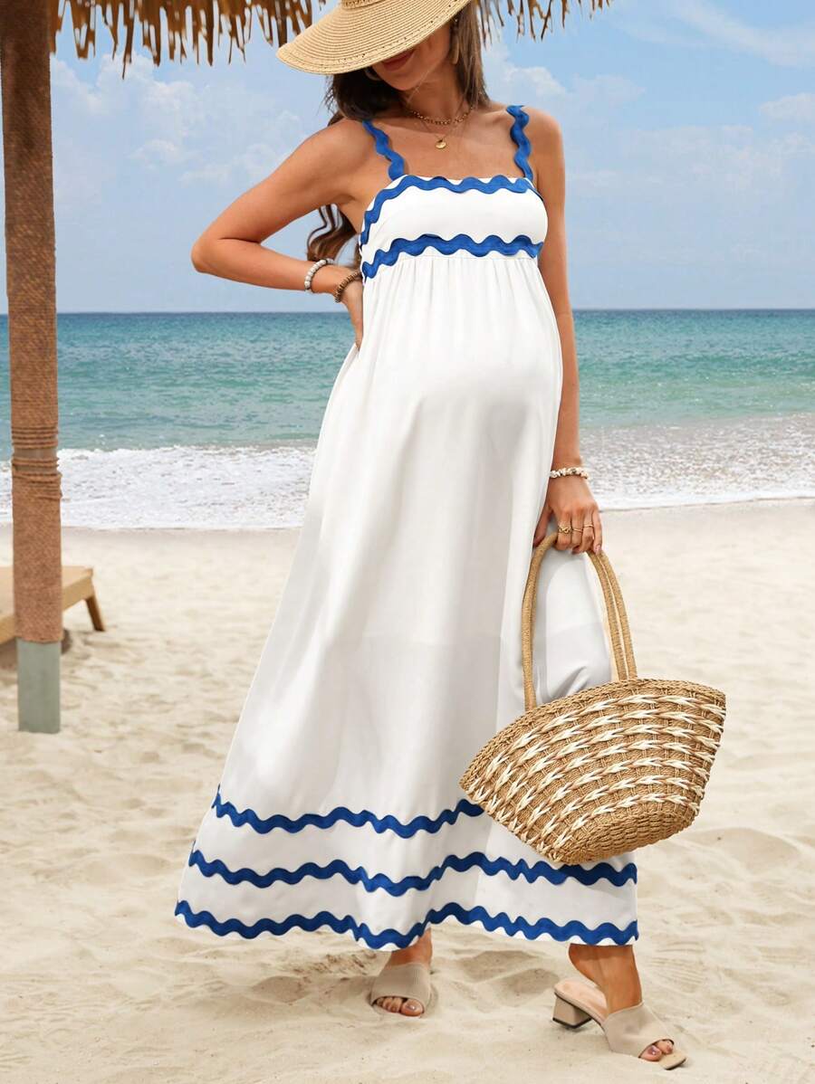 SHEIN Maternity Vacation Casual Contrast Color Webbing Decor Cami Dress - White - View 1