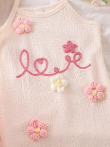 SHEIN Young Girl Apricot Knitted Minimalist Strap Dress With Embroidered 3D Floral Decor, Comfortable Summer Casual Skirt For Little Girls & Teenagers - Apricot - View 5