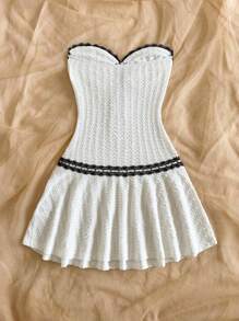 Soleia White Knit Jacquard Crinkled Metal Ring Decor Lace Trim Colorblock Low Waist A-Line Mini Dress