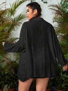 Swim Lushoire Plus Size Women Solid Color Open Front Long Sleeve Kimono, Robe And Shorts Casual Loungewear Set For Summer Beach Vacation - Black - View 3