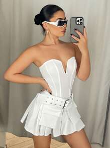 SHEIN ICON Tube Top V-Neck Belted Pleated Mini Dress With Attached Belt - White - View 3