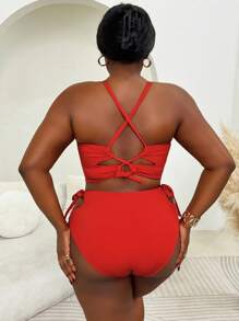 Plus Size Women Halter Hollow Design Casual Vacation Swimwear Set For Summer - Red - View 1