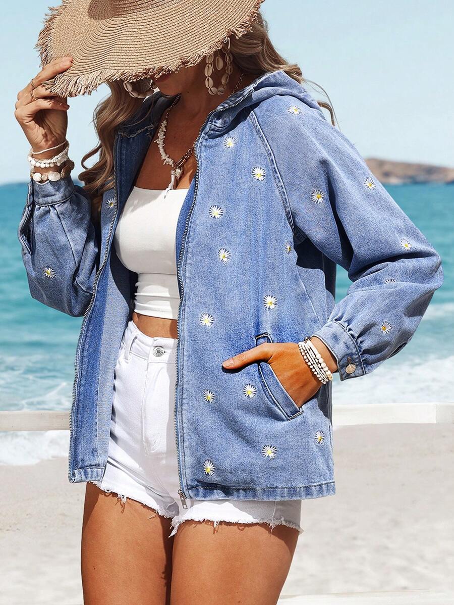 Breezaya Women's Casual Holiday Daisy Embroidered Hooded Denim Jacket - Blue - View 1