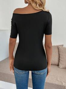 SHEIN Privé Women's Faux Pearl Decor Casual Slim Fit Open Shoulder Short Sleeve Top - Black - View 2