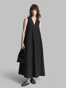 Ontre 2026 New Women's Summer Solid V-Neck Sleeveless Long Loose Dress, Suitable For Casual Urban Elegant Minimalist Wear, Teacher's Day Gathering Party