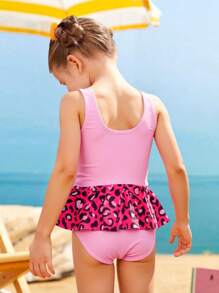 Young Girl Cute Cartoon Leopard Print Ruffles One Piece Swimsuit,Easter Swimsuit, - Pink - View 2