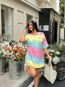 SHEIN EZwear 大码女式扎染字母印花圆领落肩休闲 T 恤 - 粉色 - 查看 4