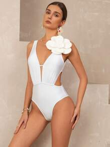 SHEIN Swim 1 pieza Elegante traje de baño blanco de vacaciones con detalles de gran lazo para mujer - Blanco - Ver 5