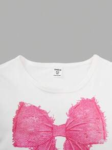 SHEIN ChillGRL 2 件套青少年女孩休闲日常通勤蝴蝶结 T 恤和牛仔裤套装 - 彩色 - 查看 4