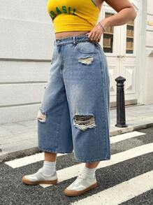 Flirla Plus Size Distressed Loose Fit Wide Leg Denim Jeans - Medium Wash - View 4