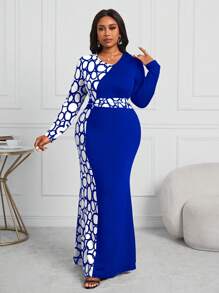 Fleurora 大码女式商务专业黑白拼色几何图案褶皱腰美人鱼连衣裙 - 寶藍色 - 查看 7