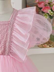 1 Stück Kleinkind Mädchen Mode elegantes, süßes, niedliches Rüschen Jacquard Mesh Puffärmel Kurzarm Pink Peplum Kleid, geeignet für Gastgeber, Aufführungen, Partys und weitere Anlässe - Pink - Übersicht 6