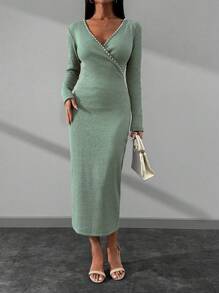 SHEIN Cottnline Embellished Pearl Detailed Beige V Neck Long Dress - Mint Green - View 6