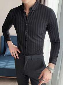 Manfinity Mode Men's Casual Commuter Striped Long Sleeve Shirt - Black - View 3