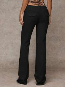 SHEIN BAE Women Plain Color Casual/Fashionable Outing/Versatile Casual/Old Money Style Patch Pocket Wide Waistband Simple Commute Office Low-Waist Loose Wide Leg Pants, Autumn/Winter Women Pants, Pants, Women's Dress Pants, Work Wear, Vintage Style Leopard Print