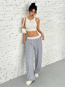 SHEIN EZwear Quần dài thể thao ống rộng phối màu cạp rút cho nữ - Màu Xám nhạt - Xem 5
