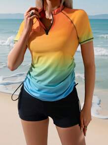 SHEIN Swim SPRTY Women Ombre Side Drawstring Vacation Beach Surfing Shorts Set