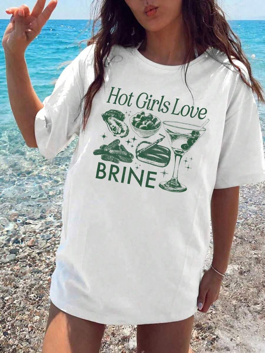 辣妹喜欢盐水手提包、鱼罐头、脏马提尼、泡菜、沙丁鱼、牡蛎、市中心女孩美学女士 T 恤 - 白色 - 查看 1
