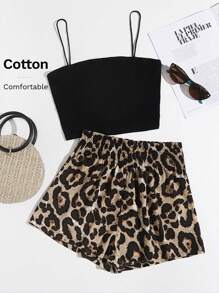 SHEIN VCAY Rib-knit Solid Cami Top & Shirred Waist Leopard Shorts Set - Multicolor - View 1