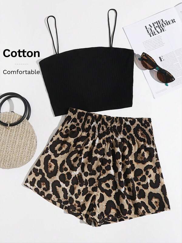 SHEIN VCAY Set de pantaloni scurți de leopard cu talie încrețită