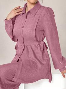 Graceveil Women 2pcs Set Front Button Long Sleeve Casual Blouse And Trousers 2 Pieces Set Modest Fall Cloth For Women - Pink - View 5