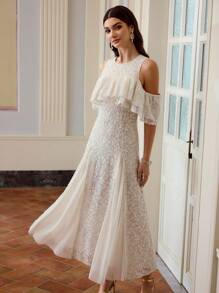 ZEYLAH Women's Mesh Ruffle Off Shoulder Lace Maxi Dress - White - View 5