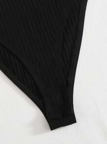 SHEIN EZwear Women's Solid Color Rib-Knit Halter Bodysuit - Black - View 5