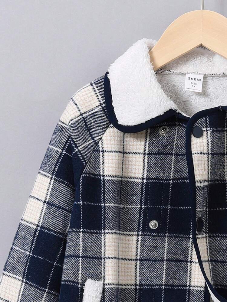 Young Boy Plaid Print Borg Collar Teddy Lined Overcoat