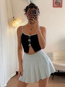 Chiquease Bow Decor Spaghetti Strap Solid Color Patchwork Casual Camisole - Black - View 6