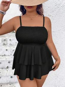 SHEIN Swim Curve Plus Size 2 Pieces Solid Color Swimdress With Detachable Shoulder Straps & Flared Skirt, Matching Regular Triangle Bottom Swimwear For Women For Summer Beach Vacation - Black - View 5