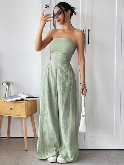 SHEIN EZwear Sexy Solid Color Backless Camisole Wide Leg Jumpsuit
