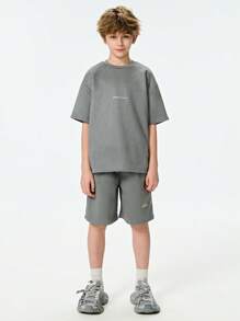 SHEIN 2pcs Tween Boy Letter Print Drop Shoulder Tee And Shorts, Casual Set, School, Campus, College Summer Holiday - Multicolor - View 7