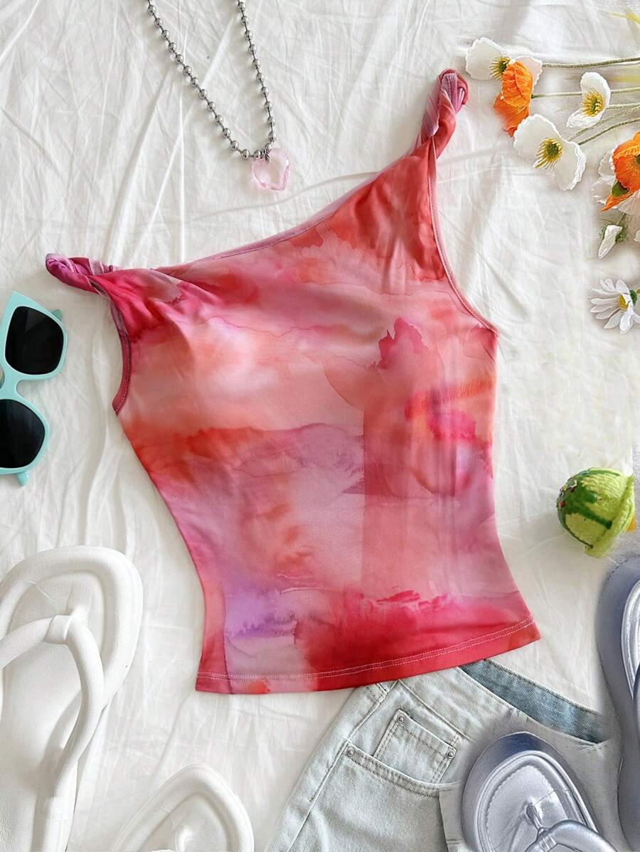 Soleia Vacation Asymmetrical Shoulder Tie-Front Design Elastic Knit Mesh Tie Dye Ruched Summer Top - Multicolor - View 1