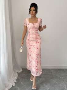 Elenzga 女士优雅性感情人节玫瑰印花网眼方领蝴蝶结褶皱紧身连衣裙，春夏 - 粉色 - 查看 7